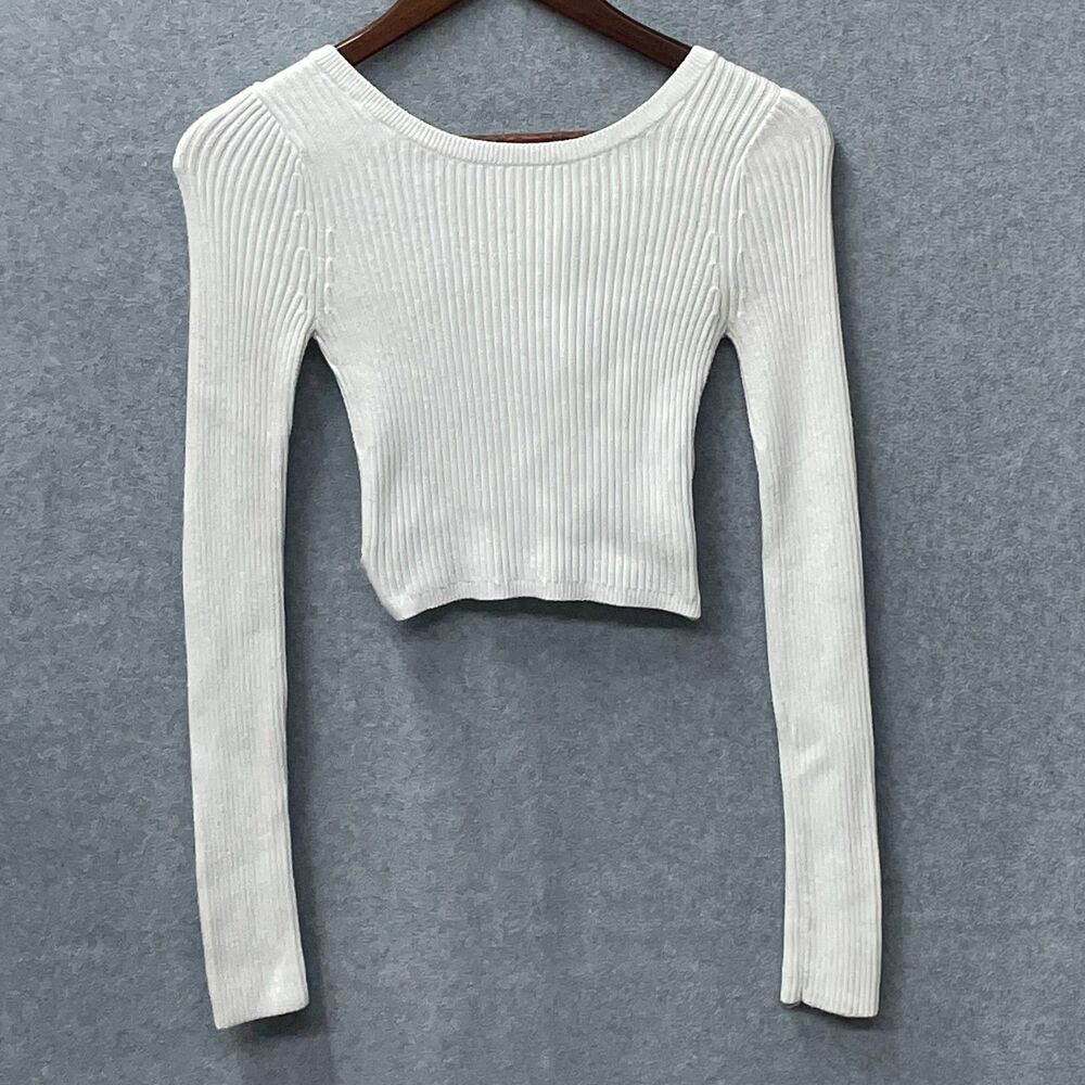 Hollister XS White Ribbed Knit Crop Top Open Back Tie Fitted Sweater - Picture 3 of 9
